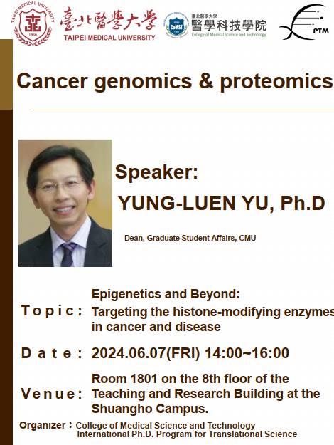 2024.06.07 (W5) 14:00-16:00，Special Lecture on Cancer genomics & proteomics：Epigenetics and Beyond: Targeting the histone-modifying enzymes  in cancer and disease.. @ Shuang-Ho Campus, Teaching & Research Building, 8F Meeting Room 3.