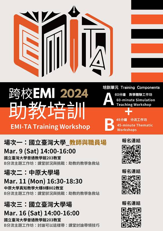 【活動轉知】國立臺灣大學EMI教學資源中心舉辦EMI-TA培訓工作坊共計3梯次，請本校學生、教師與教職員踴躍參與。