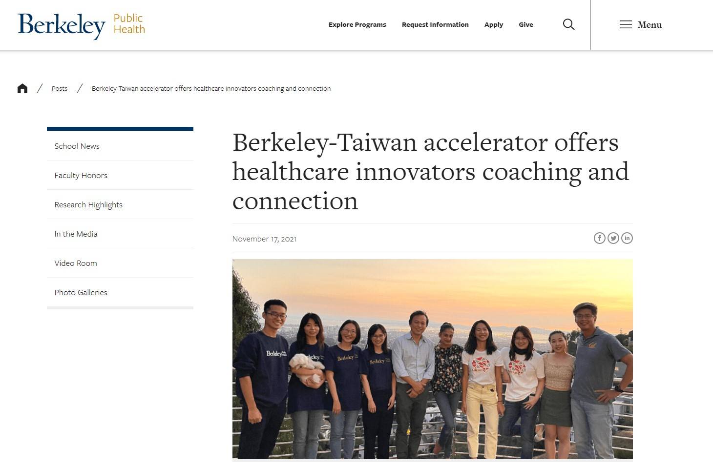 This August, six representatives from three Taiwanese medical technology startups traveled to Berkeley for three months of intense coaching, training, and networking as part of UC Berkeley School of Public Health’s newly launched Taiwan-Berkeley Health Innovation Accelerator.